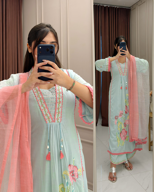 Sharmin's Falak Tulip Cotton Kurta Set (Blue Color) (GB326)